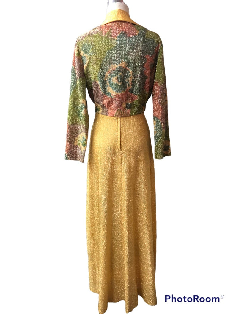 1970's Vintage Size 11-12 Disco Evening Gold Thread Knit Maxi Dress with Matching Bolero OMG So Cool