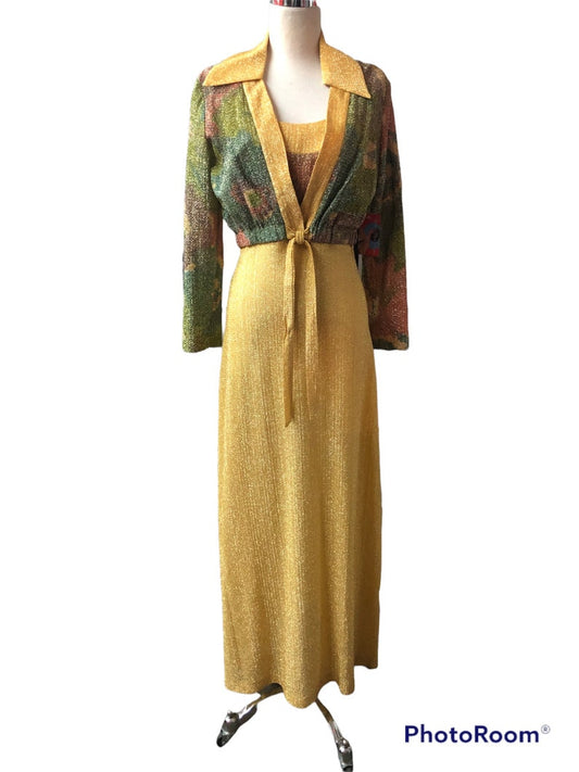 1970's Vintage Size 11-12 Disco Evening Gold Thread Knit Maxi Dress with Matching Bolero OMG So Cool