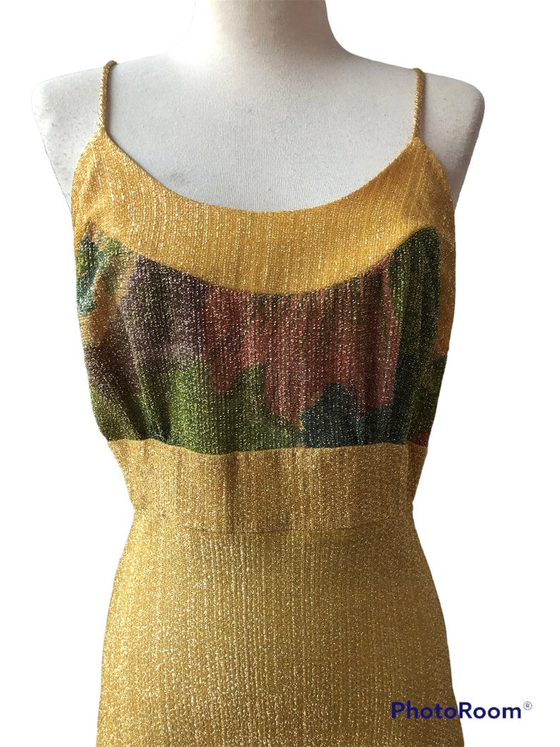 1970's Vintage Size 11-12 Disco Evening Gold Thread Knit Maxi Dress with Matching Bolero OMG So Cool