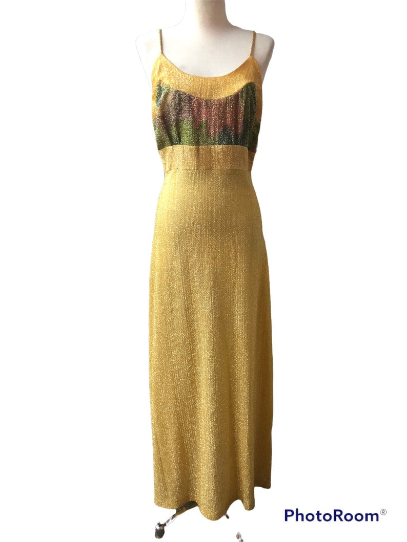 1970's Vintage Size 11-12 Disco Evening Gold Thread Knit Maxi Dress with Matching Bolero OMG So Cool