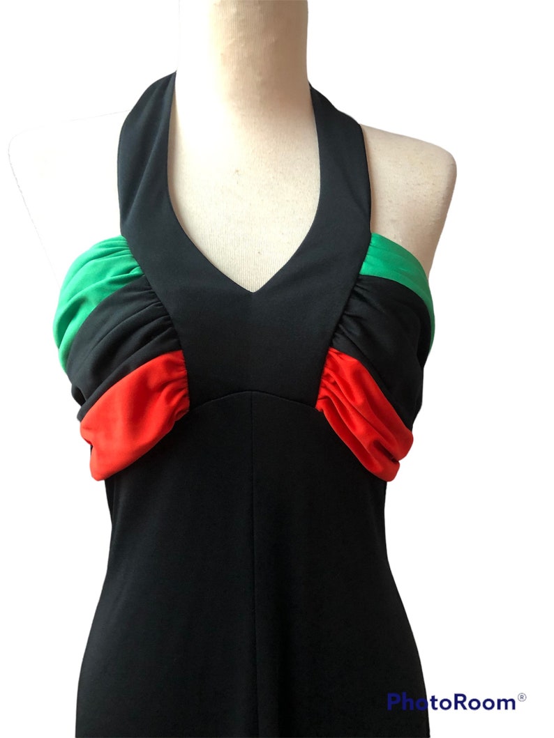 1970's Vintage Size 11 Disco Evening Black with Red Green Accents Maxi Dress with Matching Bolero OMG So Cool