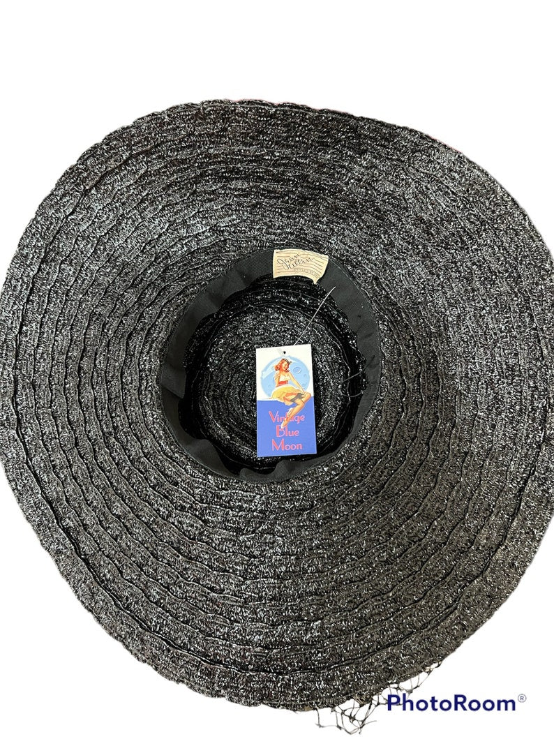 1950 Vintage Very Wide Brim Deep Black Straw Woven Hat with Pointed Crown Perfect and Rare