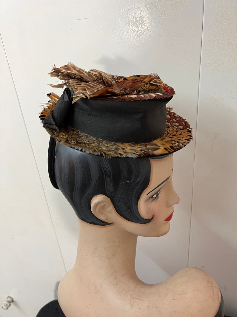 SOLD! 1930 1940 Vintage Pheasant Feather Tilt Hat on Deep Rich Black Wool Felt Fabulous Very Desired