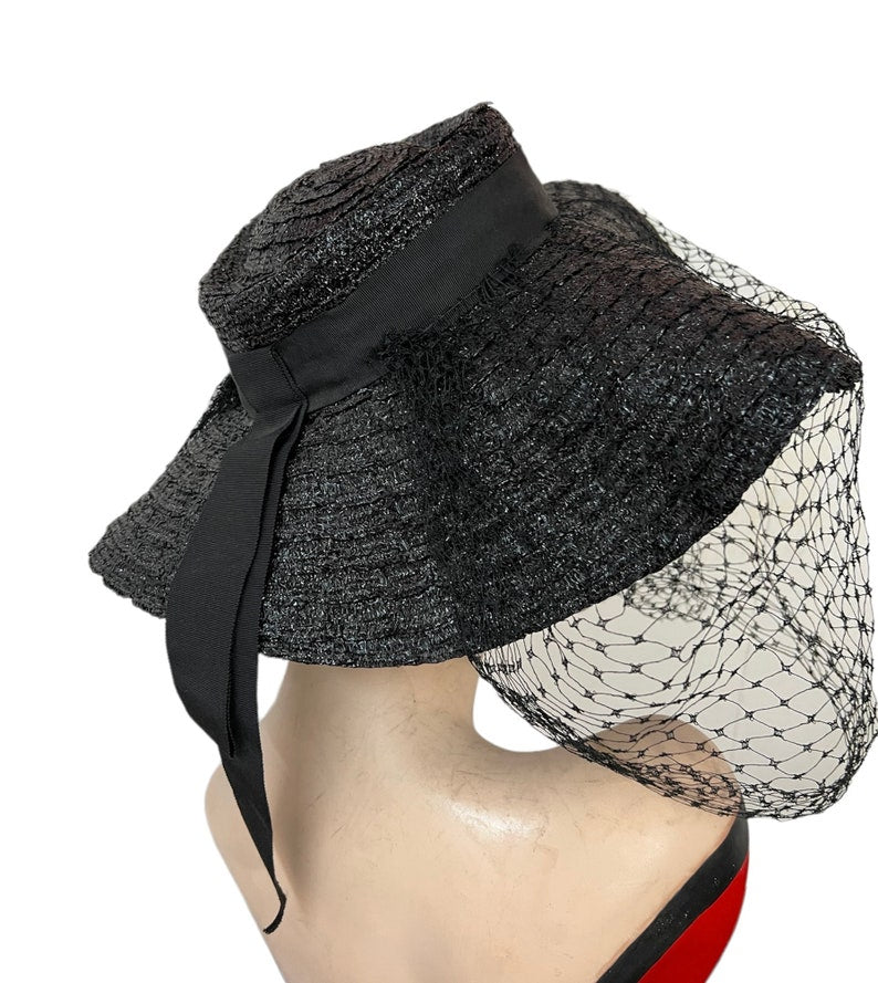 1950 Vintage Very Wide Brim Deep Black Straw Woven Hat with Pointed Crown Perfect and Rare