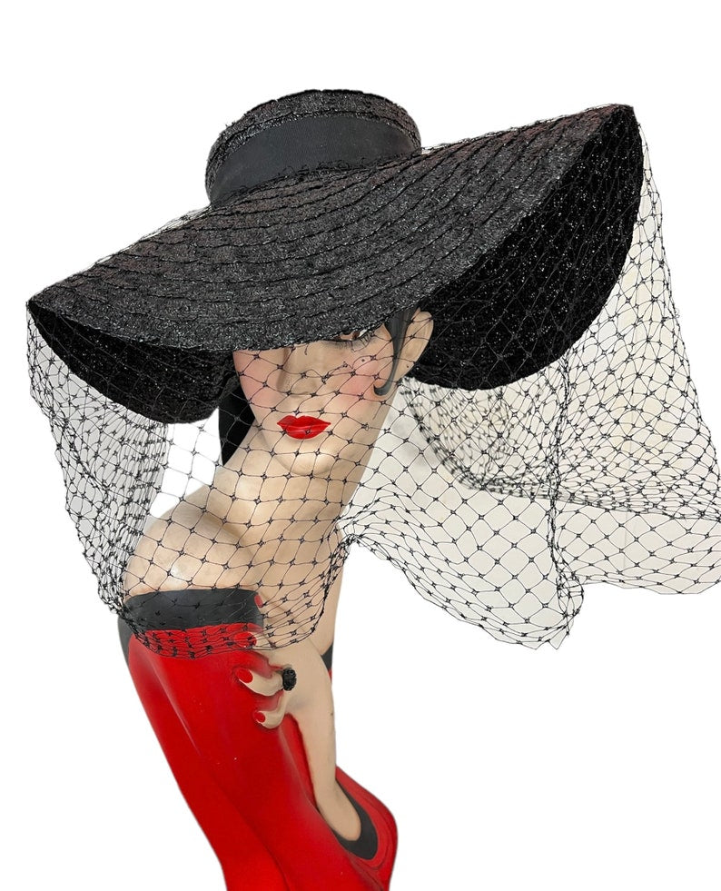 1950 Vintage Very Wide Brim Deep Black Straw Woven Hat with Pointed Crown Perfect and Rare