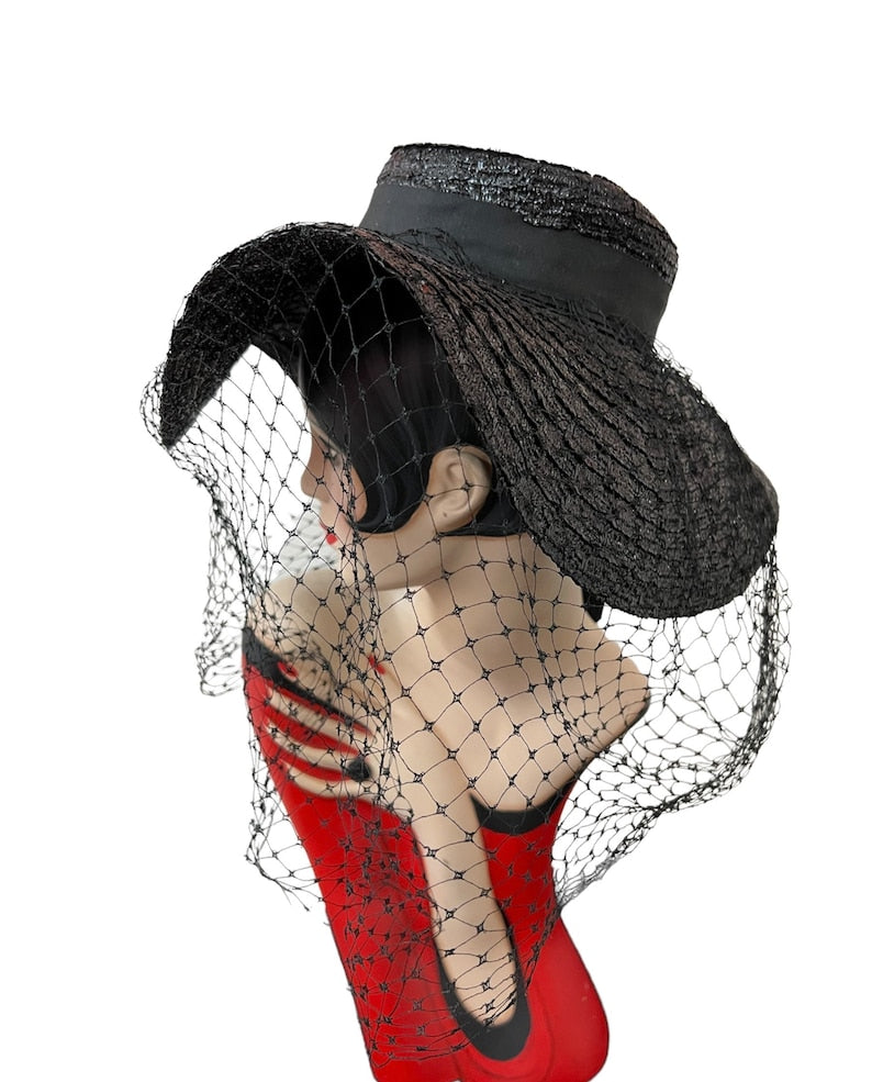 1950 Vintage Very Wide Brim Deep Black Straw Woven Hat with Pointed Crown Perfect and Rare