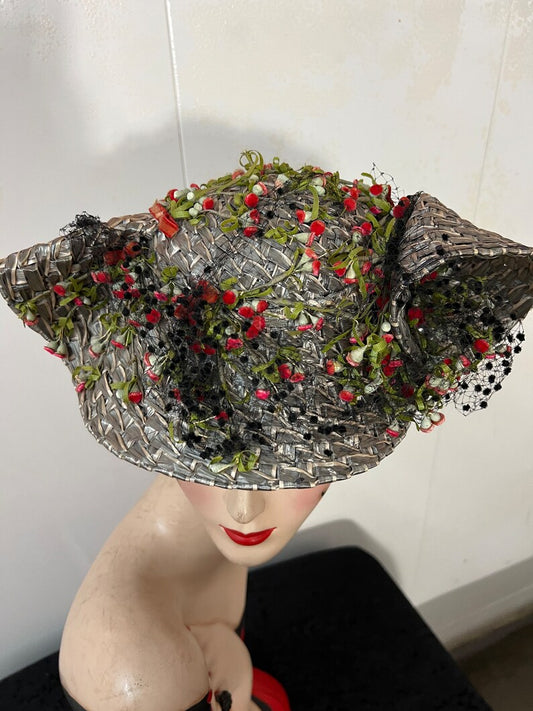 SOLD! 1940 Vintage Rare I & N Gorrias French Millinery Grey Straw Tilt Hat Fabulous Find