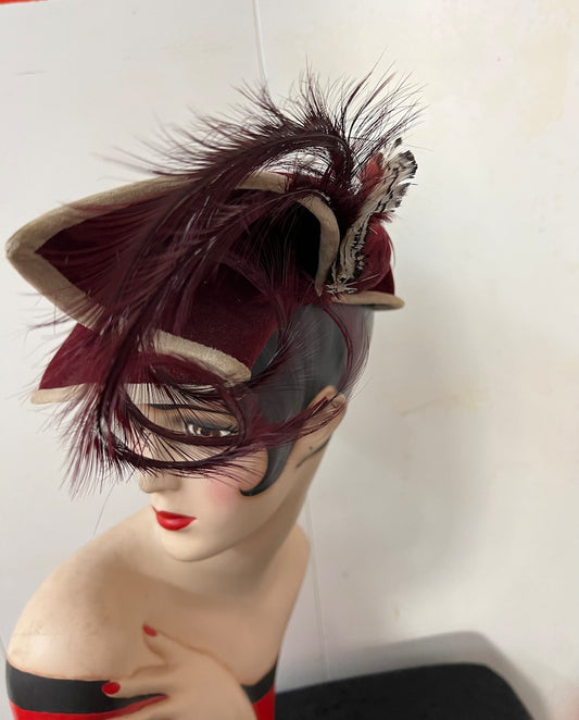 SOLD! 1940 Vintage Rare I & N Gorrias French Millinery Burgundy Tilt Hat Embellished with Feathers Fabulous Find
