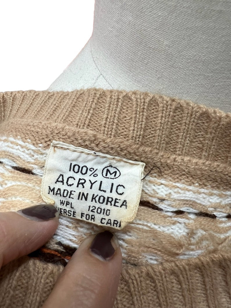 1970 Vintage Tan Pullover Sweater with White & Black Trim Size M/L