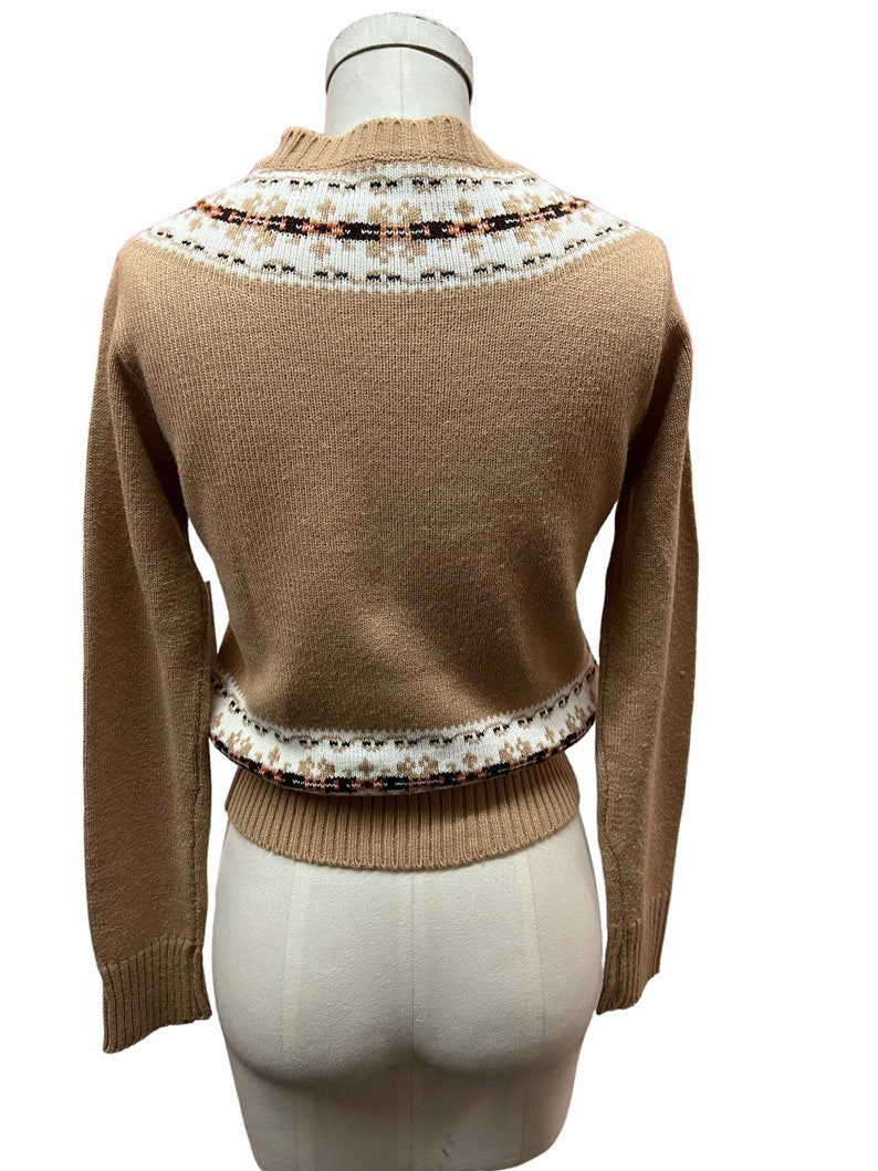 1970 Vintage Tan Pullover Sweater with White & Black Trim Size M/L