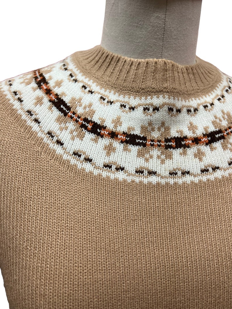 1970 Vintage Tan Pullover Sweater with White & Black Trim Size M/L