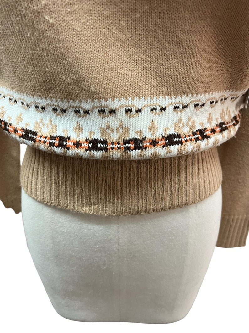 1970 Vintage Tan Pullover Sweater with White & Black Trim Size M/L