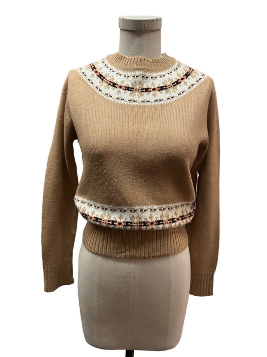 1970 Vintage Tan Pullover Sweater with White & Black Trim Size M/L