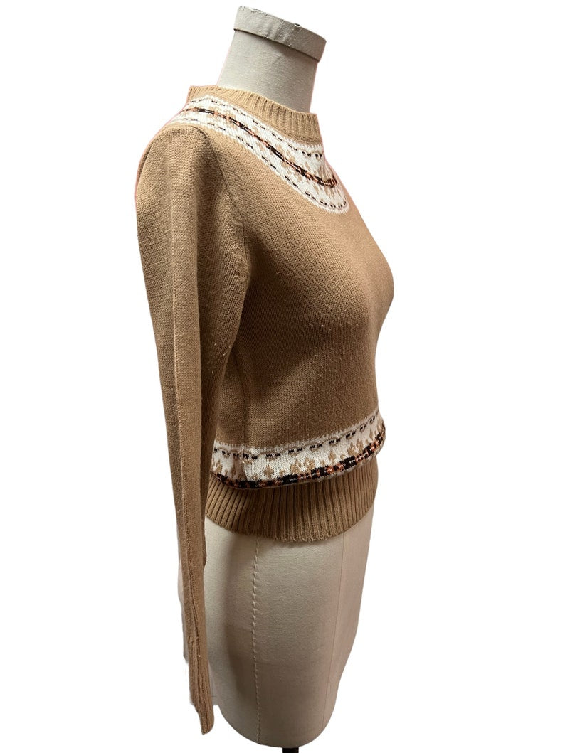 1970 Vintage Tan Pullover Sweater with White & Black Trim Size M/L