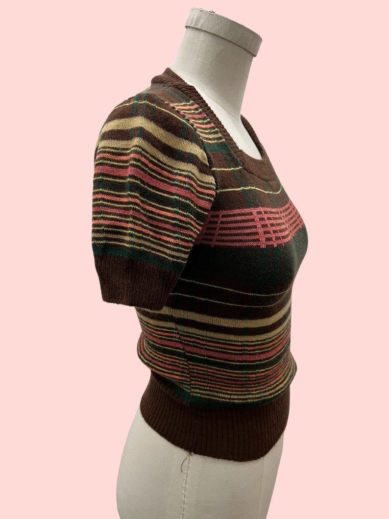 SOLD! 1960 Does 1940 Vintage Pullover Short Waist Brown Stripped Sweater Perfect