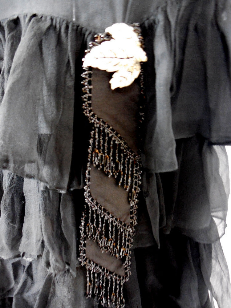 1920's Vintage Black Chiffon Dress with Beads and Ruffles