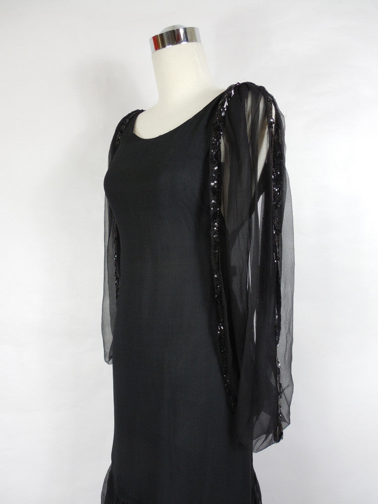 1920's Vintage Black Chiffon Dress with Beads and Ruffles