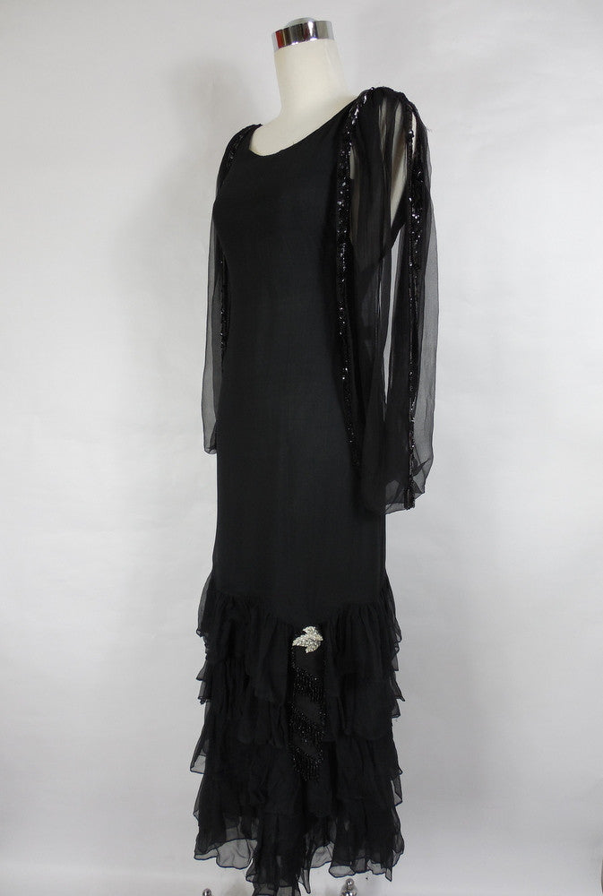 1920's Vintage Black Chiffon Dress with Beads and Ruffles