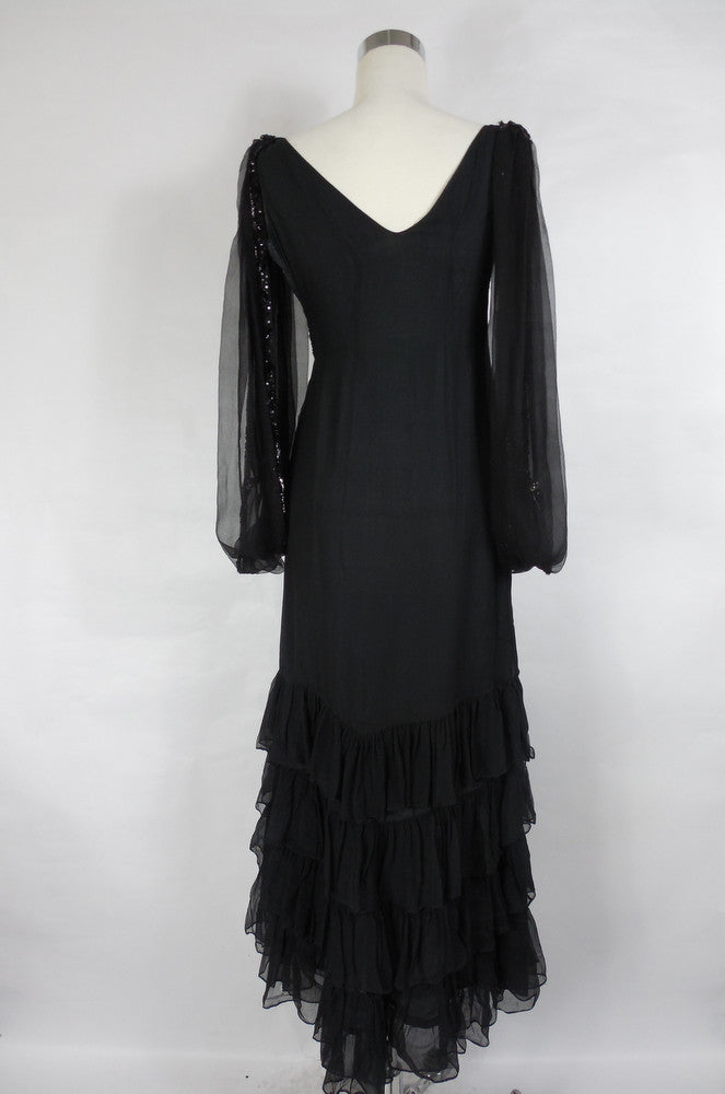 1920's Vintage Black Chiffon Dress with Beads and Ruffles
