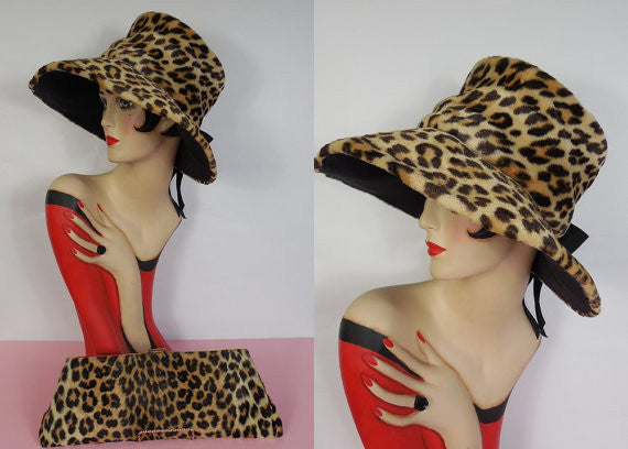 SOLD! 1960's Vintage Leopard Print Floppy Hat and Matching Clutch Purse