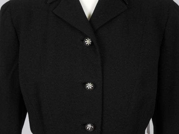 1950 Rich Black Soft Wool Jacket with Rhinestone Buttons